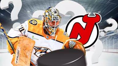 Juuse Saros in middle of image looking stern, NJ Devils logo in image, 3-5 question marks, hockey rink in background Predators