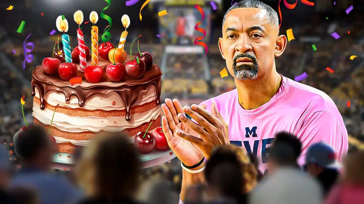 Juwan Howard with birthday candles around him and a birthday cake next to him, also include the Michigan Wolverines arena in the background