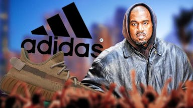 Pic of Kanye West, a pair of Yeezy shoes, and Adidas logo