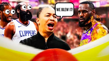 Clippers' Tyronn Lue saying "We blew it!" Kawhi Leonard and Paul George looking at LeBron James on fire