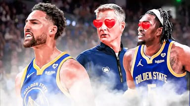 Kevon Looney and Steve Kerr with heart eyes looking at Klay Thompson