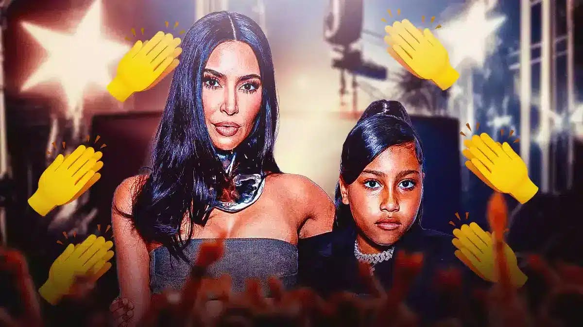 Kim Kardashian and North West with stars behind them