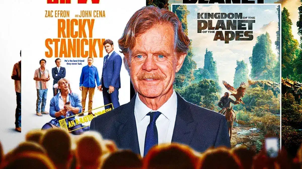 William H. Macy with posters of Ricky Stanicky and Kingdom of the Planet of the Apes behind him.
