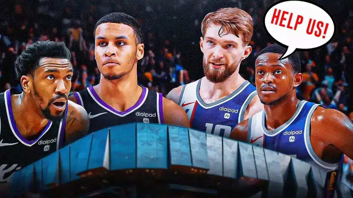 De’Aaron Fox and Domantas Sabonis on one side with a speech bubble that says “Help us!” Keegan Murray and Malik Monk on the other side. Kings fatal flaw