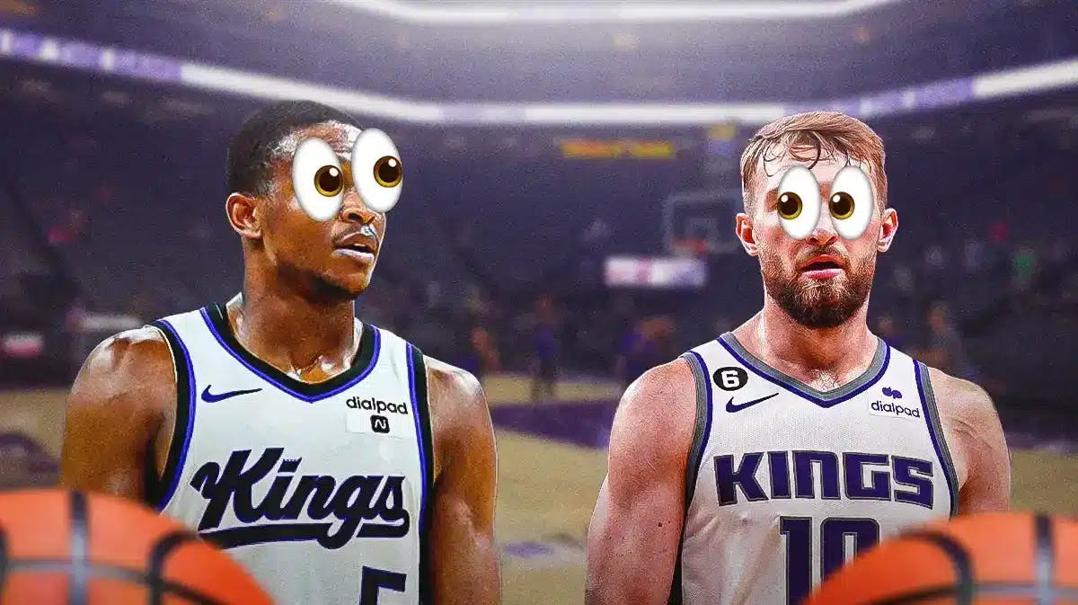 Kings' Domantas Sabonis, Kings' De’Aaron Fox both with eyes popping out looking concerned.