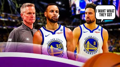 Klay Thompson saying "I want what they got" next to Steve Kerr, Stephen Curry