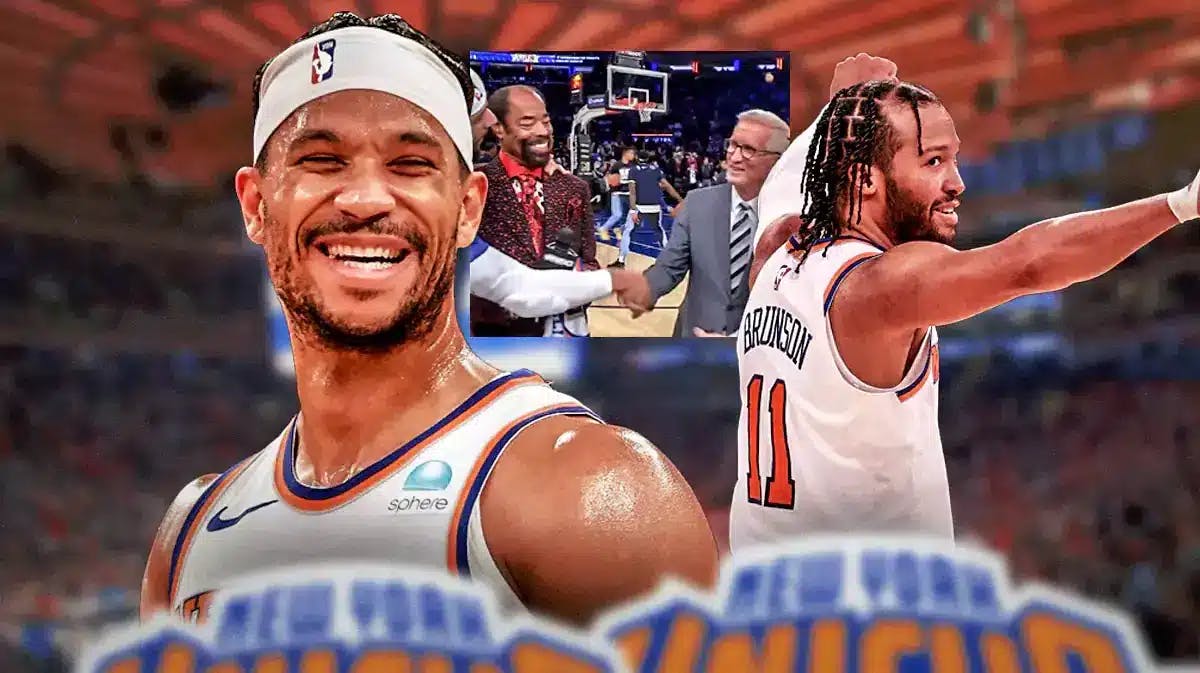 Knicks' Jalen Brunson and Josh Hart smiling, with a screenshot of Mike Breen and Walt Frazier happy on the side