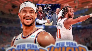 Knicks' Jalen Brunson and Josh Hart smiling, with a screenshot of Mike Breen and Walt Frazier happy on the side