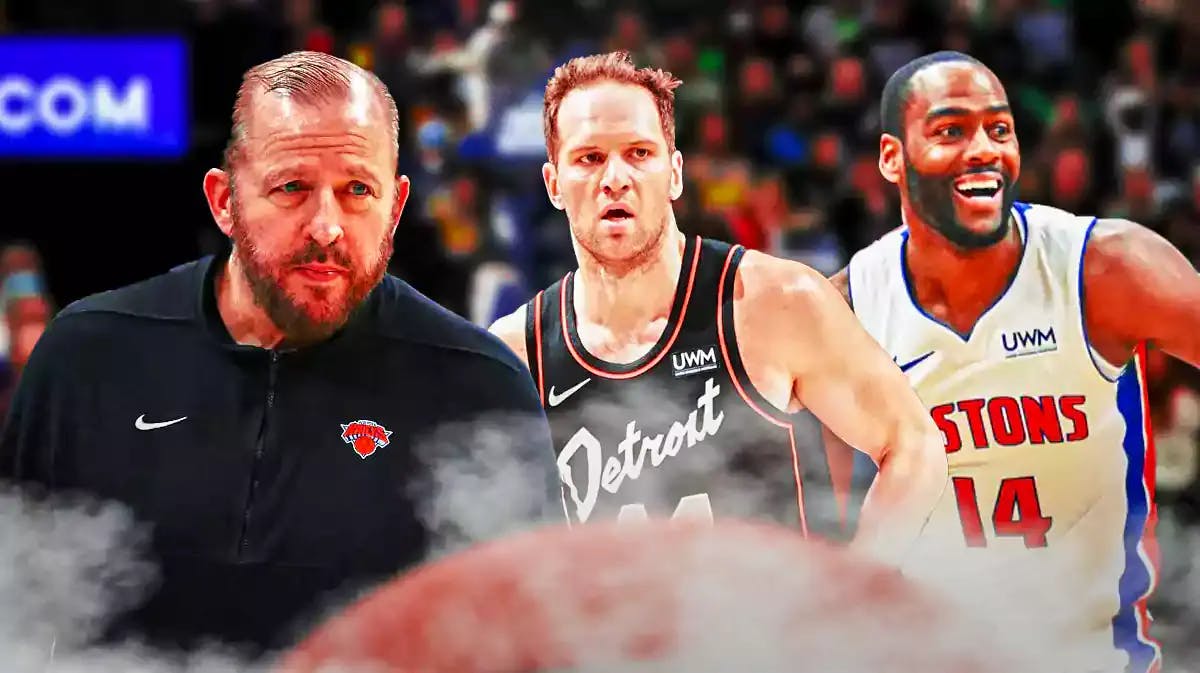 Knicks' Tom Thibodeau next to Bojan Bogdanovic and Alec Burks