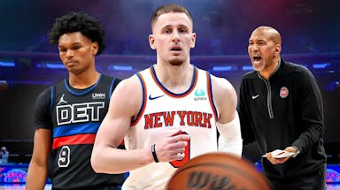 Donte DiVincenzo in New York Knicks jersey, Ausar Thompson in Detroit Pistons jersey, Monty Williams angry