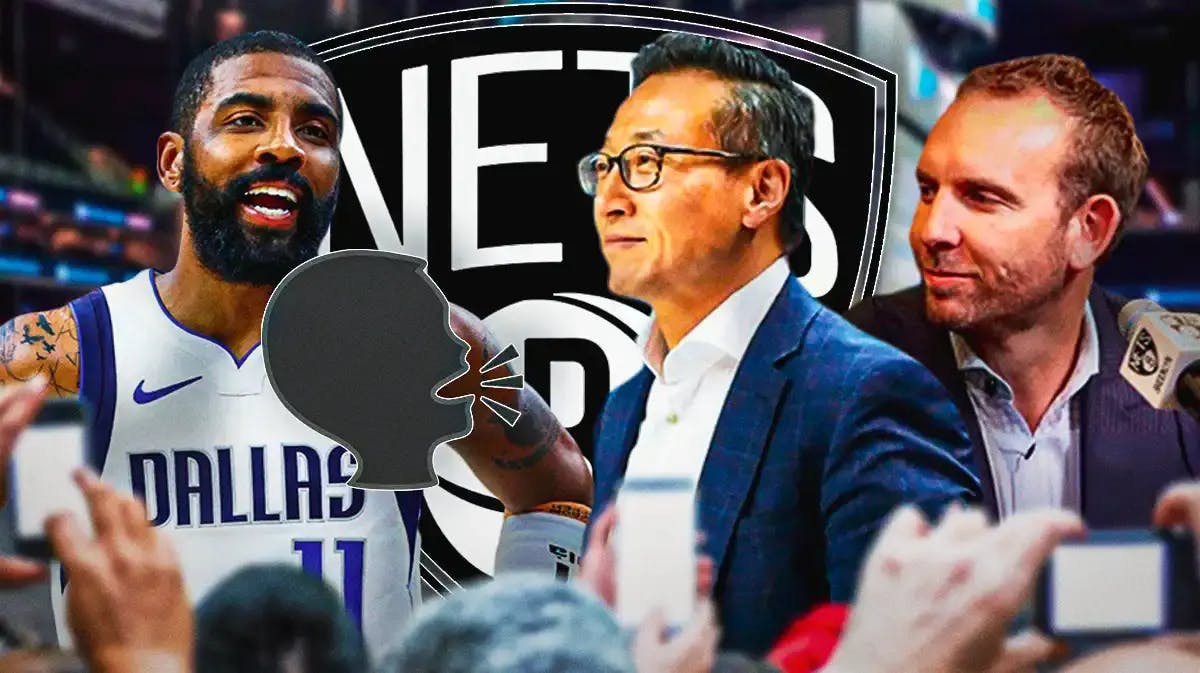 Mavs Kyrie Irving with a speaking emoji next to Nets Joe Tasi and Sean Marks in front of a Nets logo at Barclays Center, thanks