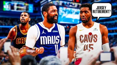 Mavericks' Kyrie Irving on left. Cavs' Donovan Mitchell on right. Have Mitchell asking the following question: Jersey retirement? In background, have Kyrie Irving in a Cavs jersey shooting a basketball.