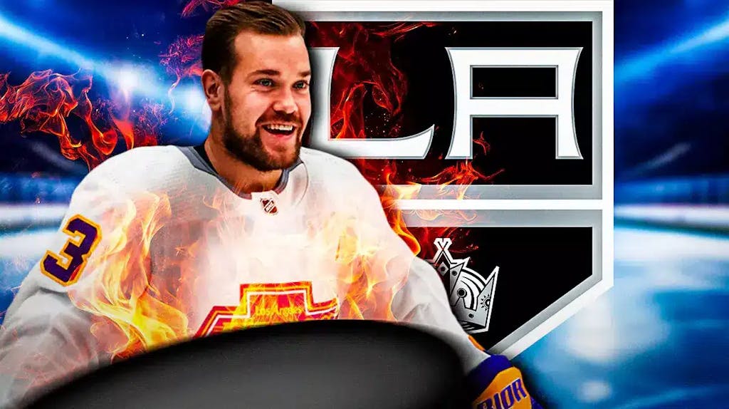 Viktor Arvidsson in middle of image looking happy with fire around him, LA Kings logo, hockey rink in background