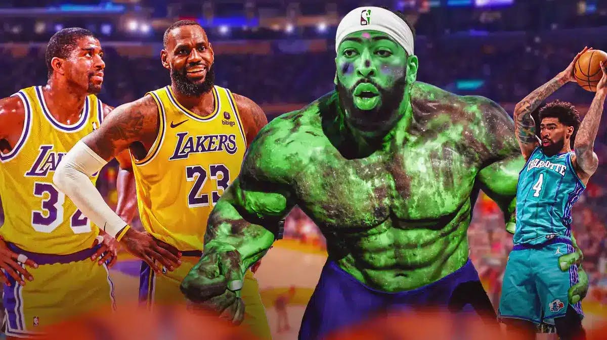 Lakers' Anthony Davis as the Hulk while holding Hornets' Nick Richards, with Lakers' LeBron James and Magic Johnson (1988 version) smiling at Davis