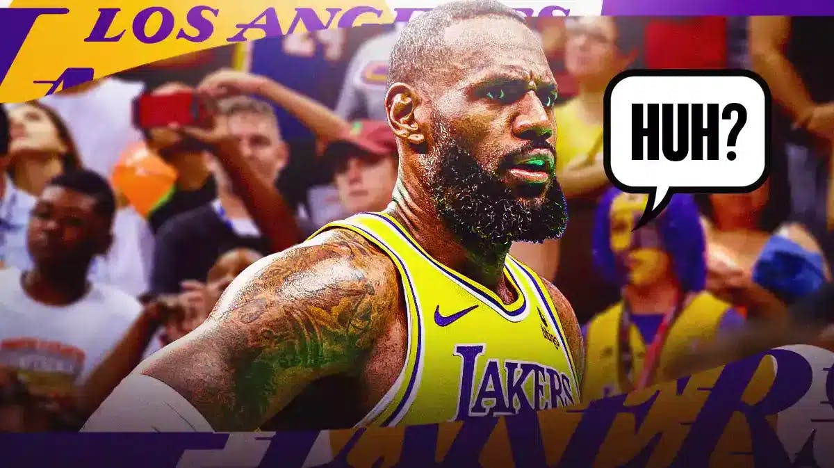 LA Lakers' LeBron James with speech bubble “Huh?” and Lakers fans in image background.