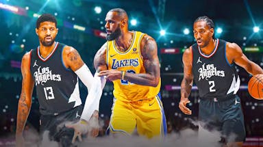 Lakers star LeBron James in front of Clippers Kawhi Leonard and Paul George