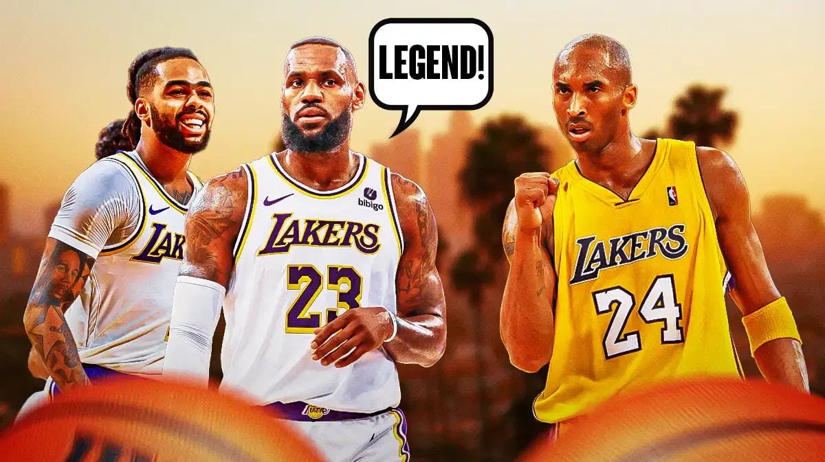 LeBron James and D’Angelo Russell on one side with a speech bubble that says “Legend!” Kobe Bryant on the other side