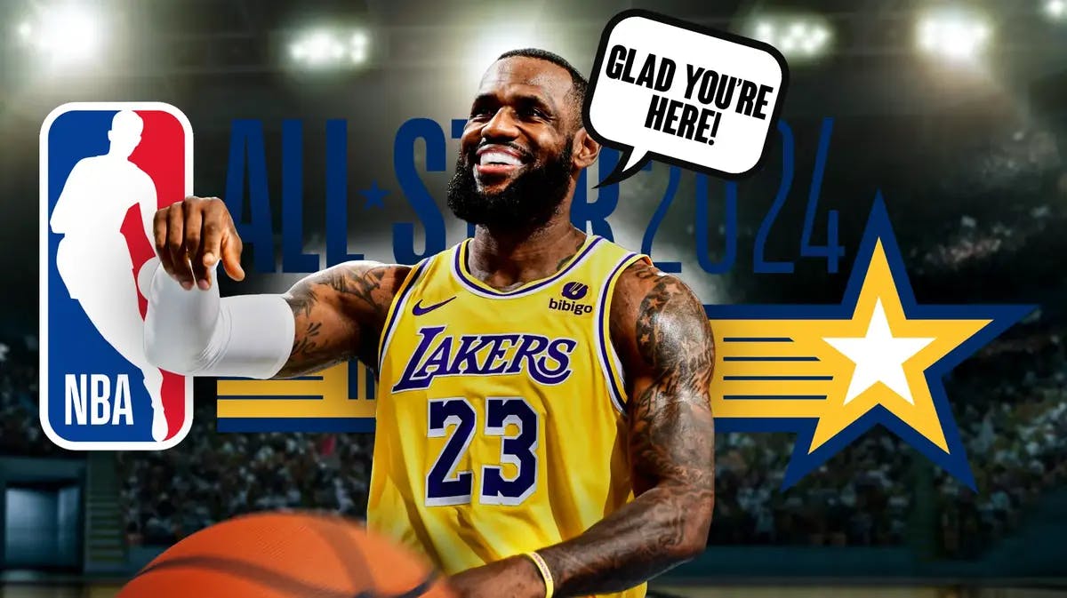 LeBron James smiling saying “Glad you’re here!” 2024 NBA All-Star game logo