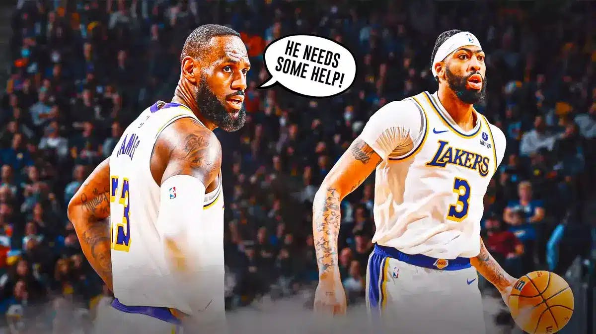 Lakers' LeBron James saying “he needs some help!” next to Anthony Davis