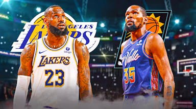 LeBron James opposite Kevin Durant with both the Lakers and Suns logos in the background
