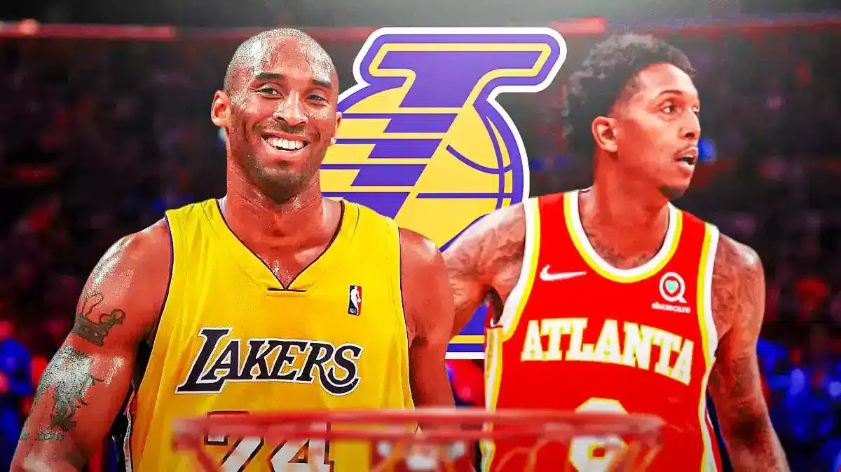 Photo: Lou Williams and Kobe Bryant on the Lakers with Lakers logo behind them