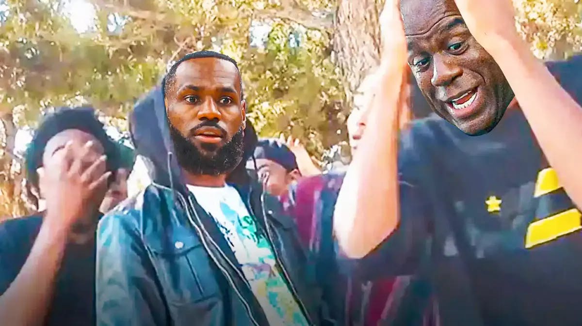 Lakers'' LeBron James as the man in the hoodie and Magic Johnson as the guy on the right with hands on face
