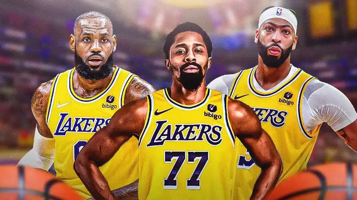 Photo: Spencer Dinwiddie in Lakers uniform with Lebron James and Anthony Davis