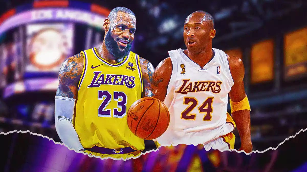 LeBron James opposite Kobe Bryant with the Lakers arena in the background