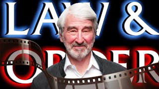 Sam Waterston with the show logo for Law and Order in the background