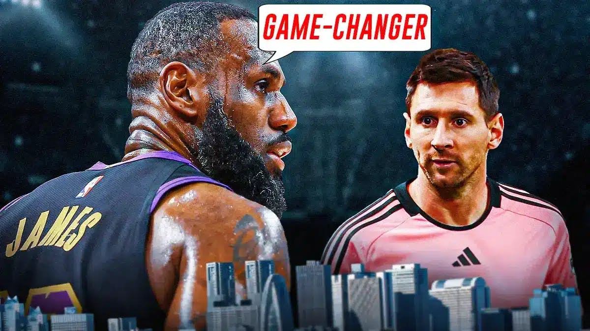 LeBron James saying: ‘Game-changer’ next to Lionel Messi, the MLS logo behind them