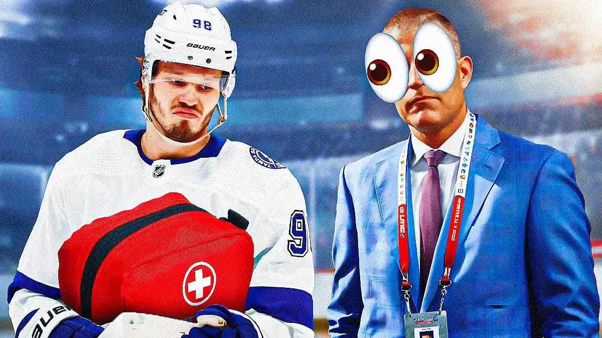 Mikhail Sergachev on one side with an injury kit in front of him, Julien BriseBois on the other side with the big eyes emoji over his face