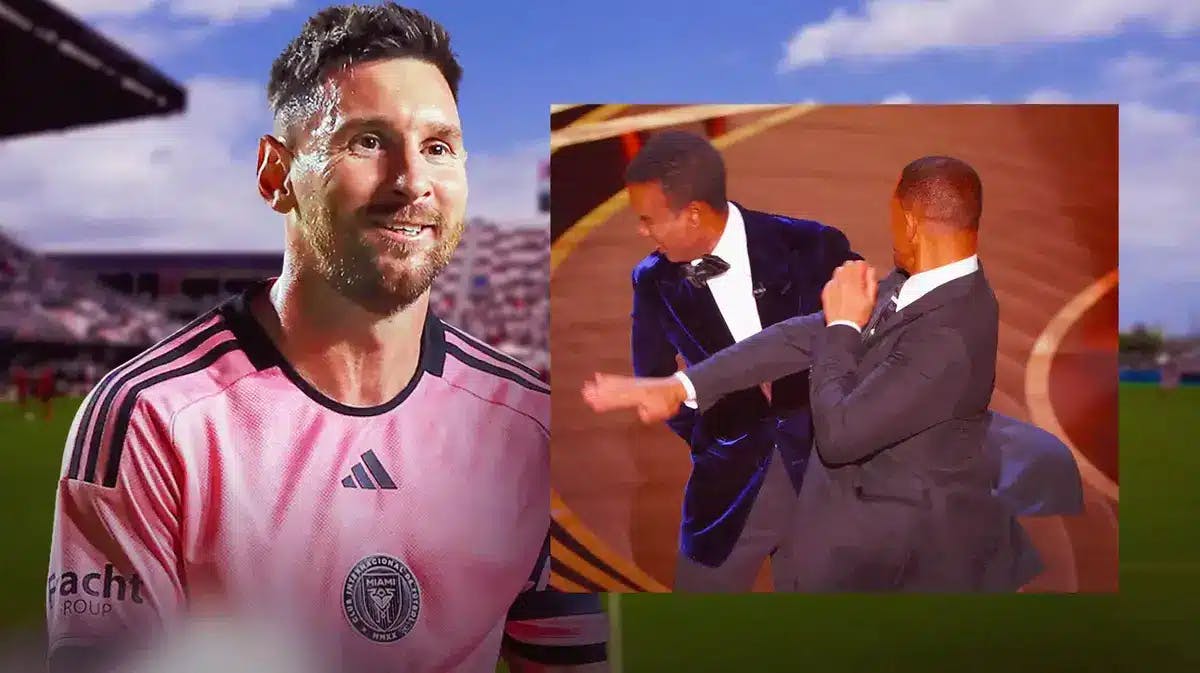 Inter Miami’s Lionel Messi smiling, with picture of Will Smith slapping Chris Rock on the side