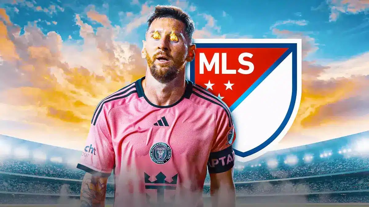 Inter Miami's Lionel Messi with fire in his eyes. MLS logo in the background