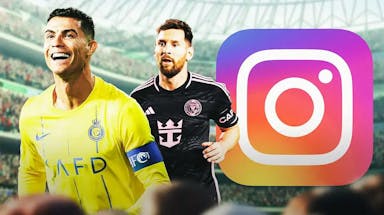 Lionel Messi chasing Cristiano Ronaldo, the Instagram logo behind them