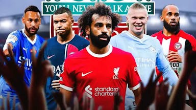 Mohamed Salah, Kylian Mbappe, Erling Haaland, Bryan Mbeumo, Neymar in front of the Liverpool logo