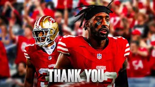 Logan Ryan in a 49ers jersey next to a Thank You note and a background of 49ers fans