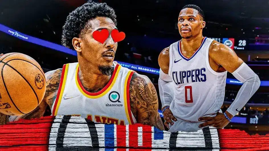 Lou Williams with heart eyes looking at Russell Westbrook