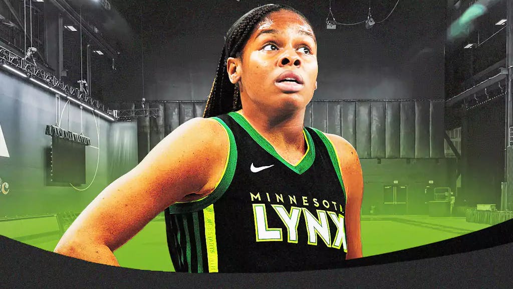 Ruthy Hebard in a Minnesota Lynx jersey with the Lynx arena in the background
