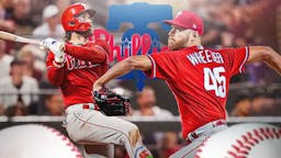 Phillies' Bryce Harper on left swinging a bat. Phillies' Zack Wheeler on right pitching a baseball. Phillies' logo in middle.