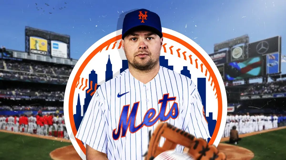 Luke Voit in a New York Mets uniform. Mets' logo background.