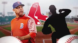 Alex Cora next to a Red Sox logo and a mystery MLB pitcher. Background is Fenway Park