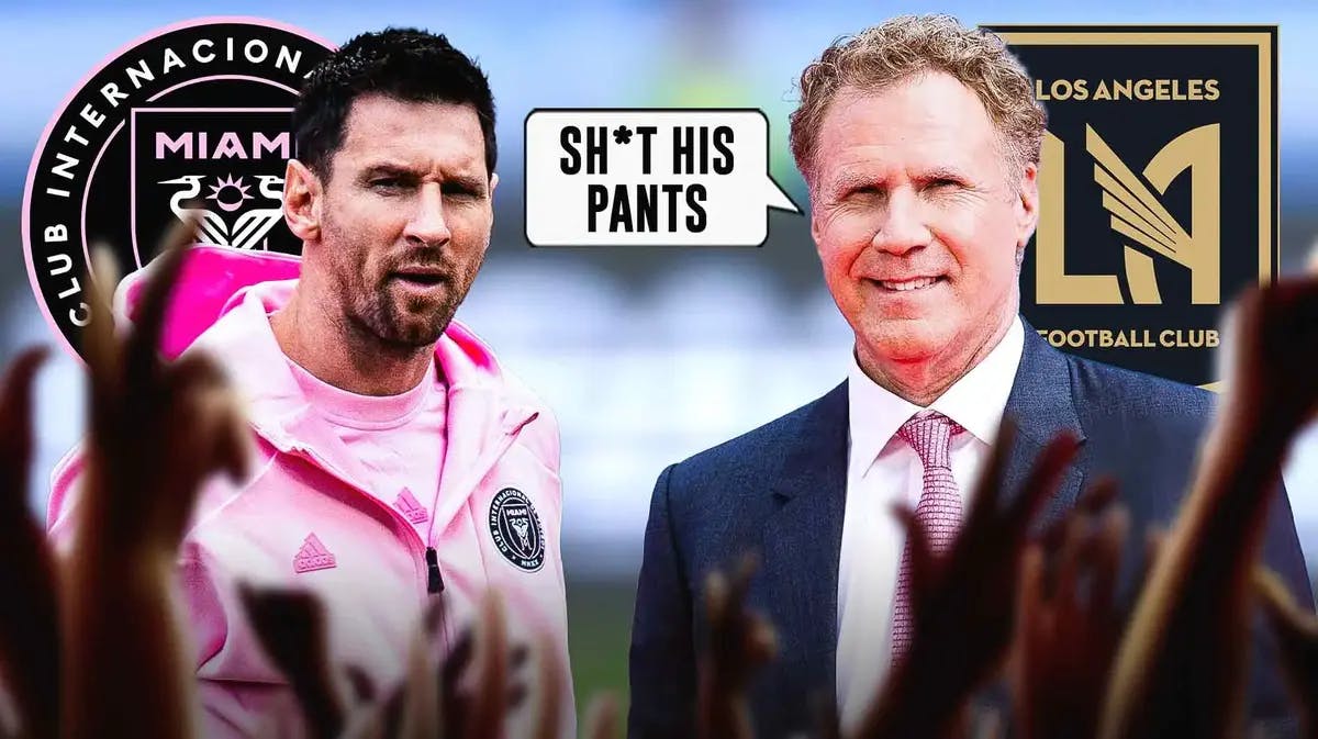 Will Ferrell saying: ‘Sh*t his pants’ next to Lionel Messi, the LAFC and Inter Miami logo behind them