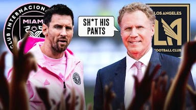 Will Ferrell saying: ‘Sh*t his pants’ next to Lionel Messi, the LAFC and Inter Miami logo behind them
