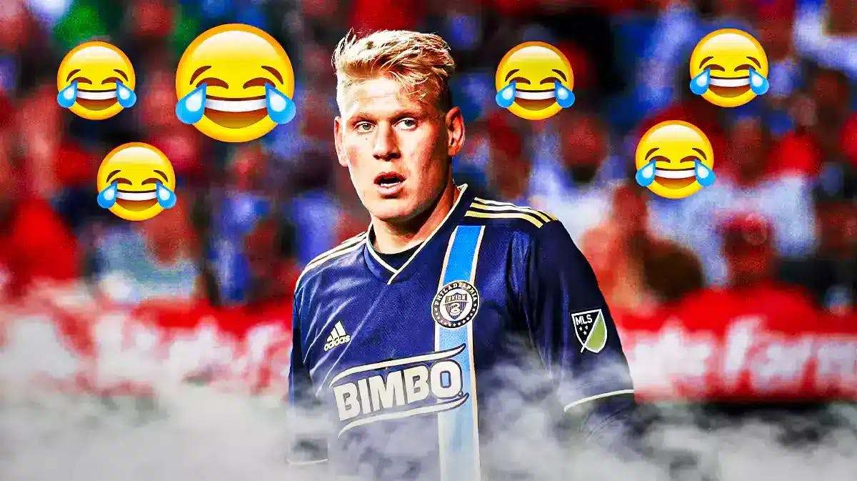 Jakob Glesnes looking down/sad in front of the MLS logo, crying laughing emojis in the air next to him