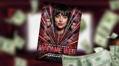 Madame Web poster with money and movie theater background.