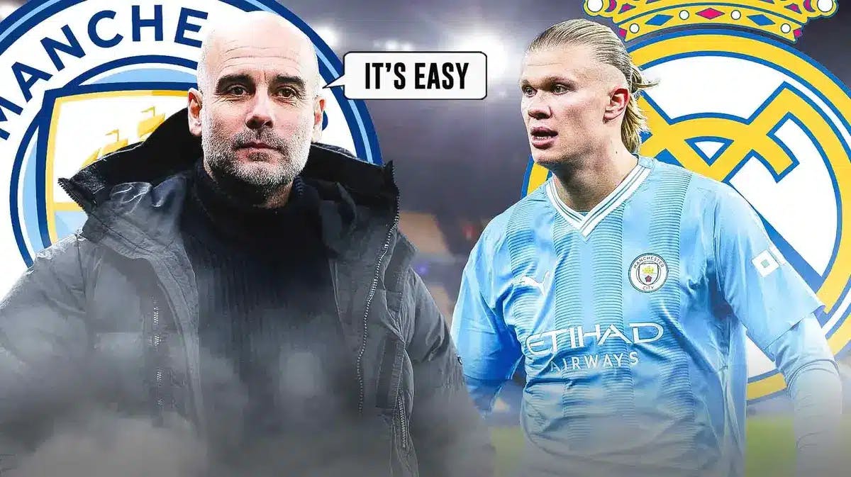 Pep Guardiola saying: ‘It’s easy' next to Erling Haaland in front of the Real Madrid and Manchester City logos