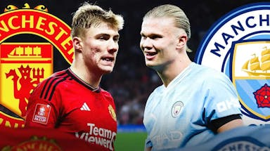 Rasmus Hojlund in front of the Manchester United logo, facing off Erling Haaland in front of the Manchester City logo