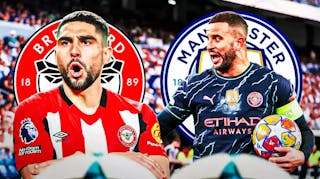 Kyle Walker and Neal Maupay shouting towards each other the Manchester City and Brentford logos behind them