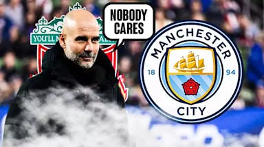 Pep Guardiola saying: ‘Nobody cares’ in front of the Liverpool and Manchester City logos