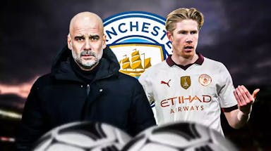 Pep Guardiola and Kevin De Bruyne in front of the Manchester City logo